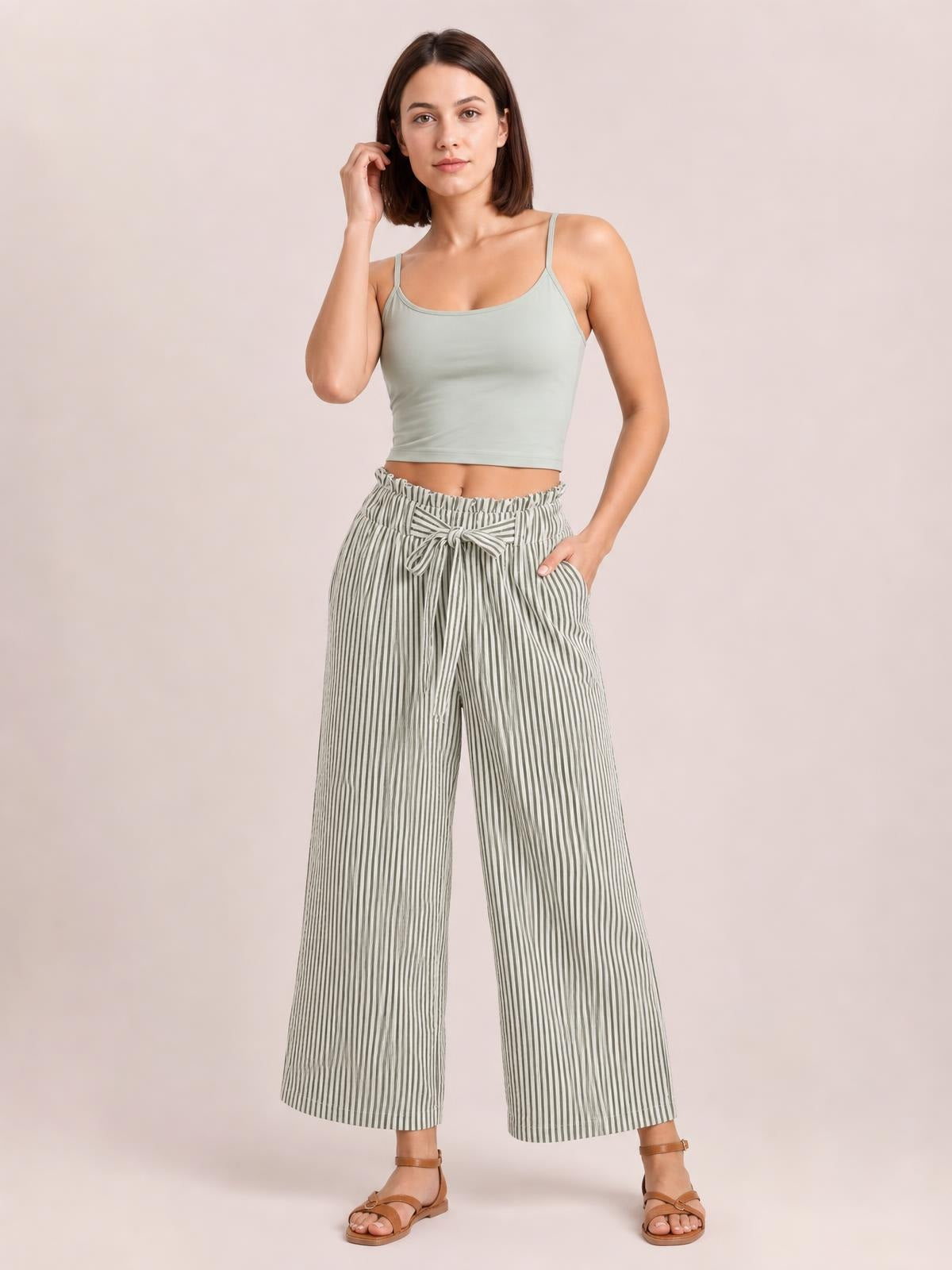 Striped Wide Leg Paper Bag Pants · Medium / Three-Quarter