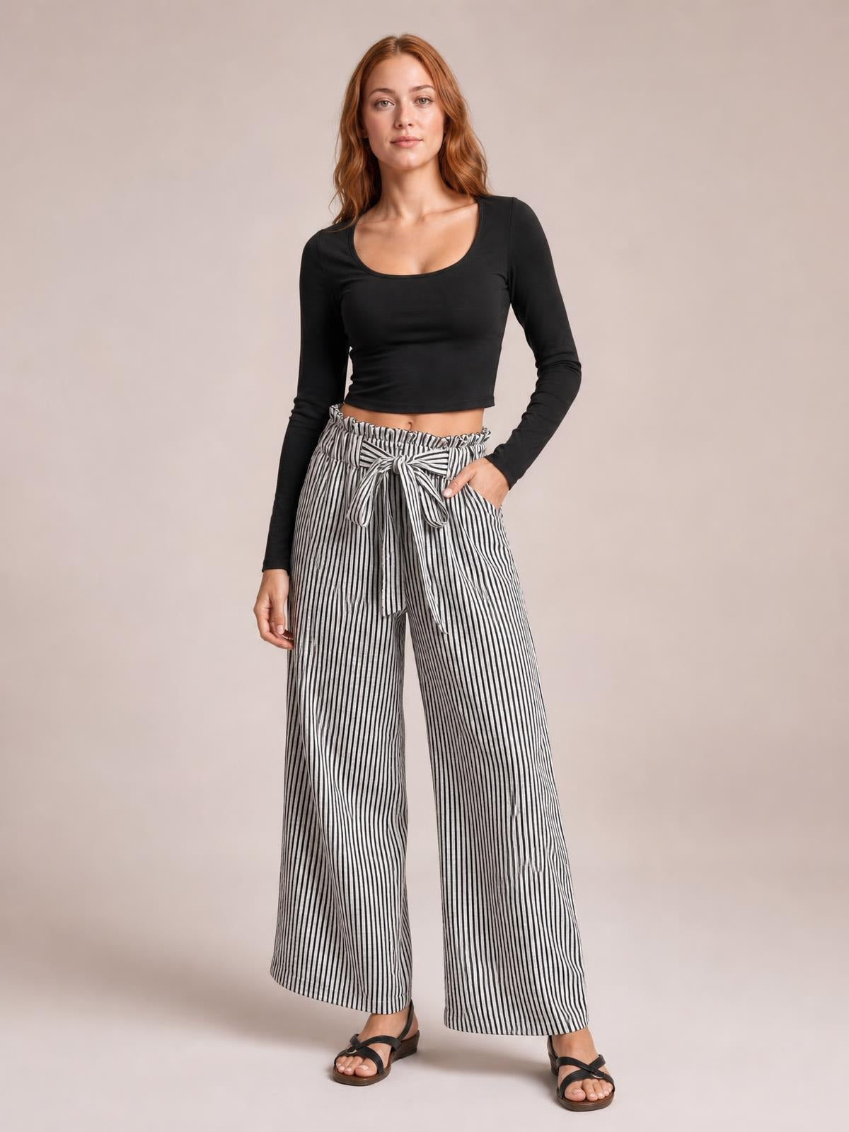 Striped Wide Leg Paper Bag Pants · Hero Full Body