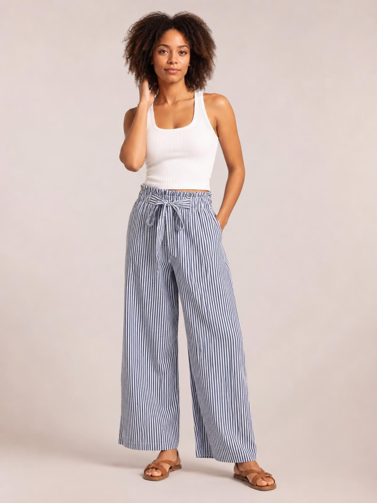 Striped Wide Leg Paper Bag Pants · Medium / Three-Quarter