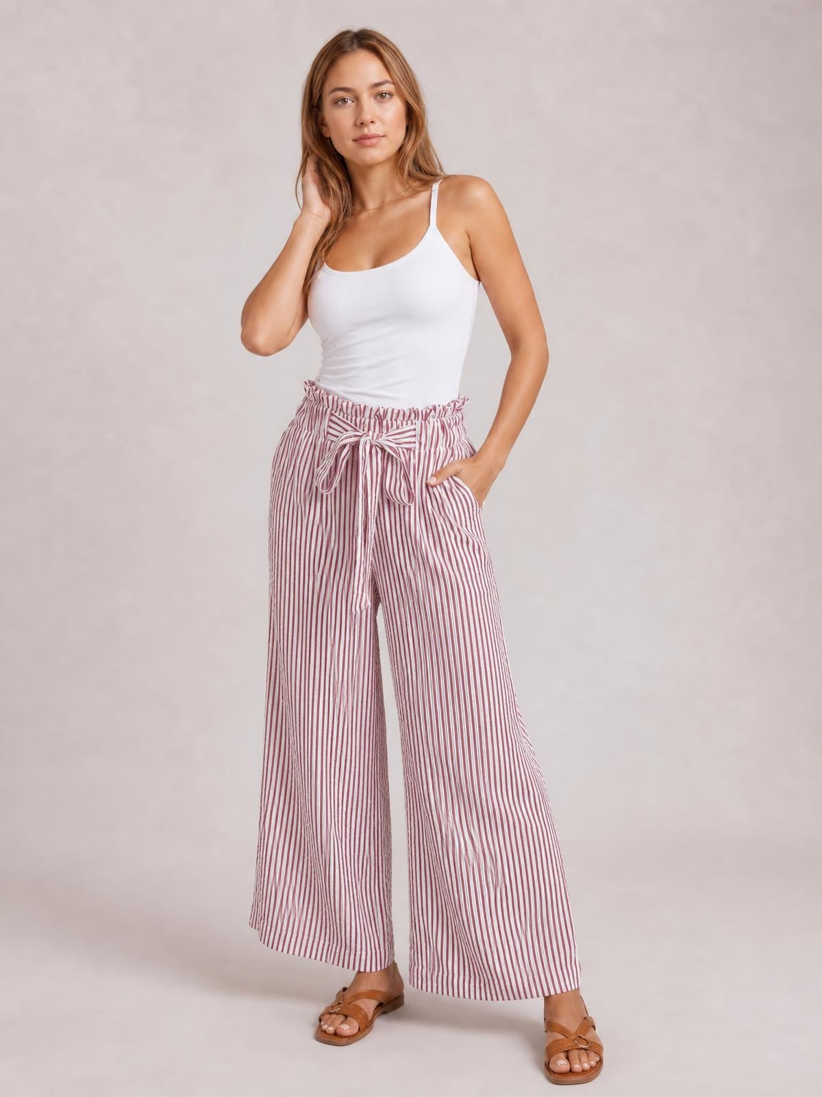 Striped Wide Leg Paper Bag Pants · Medium / Three-Quarter