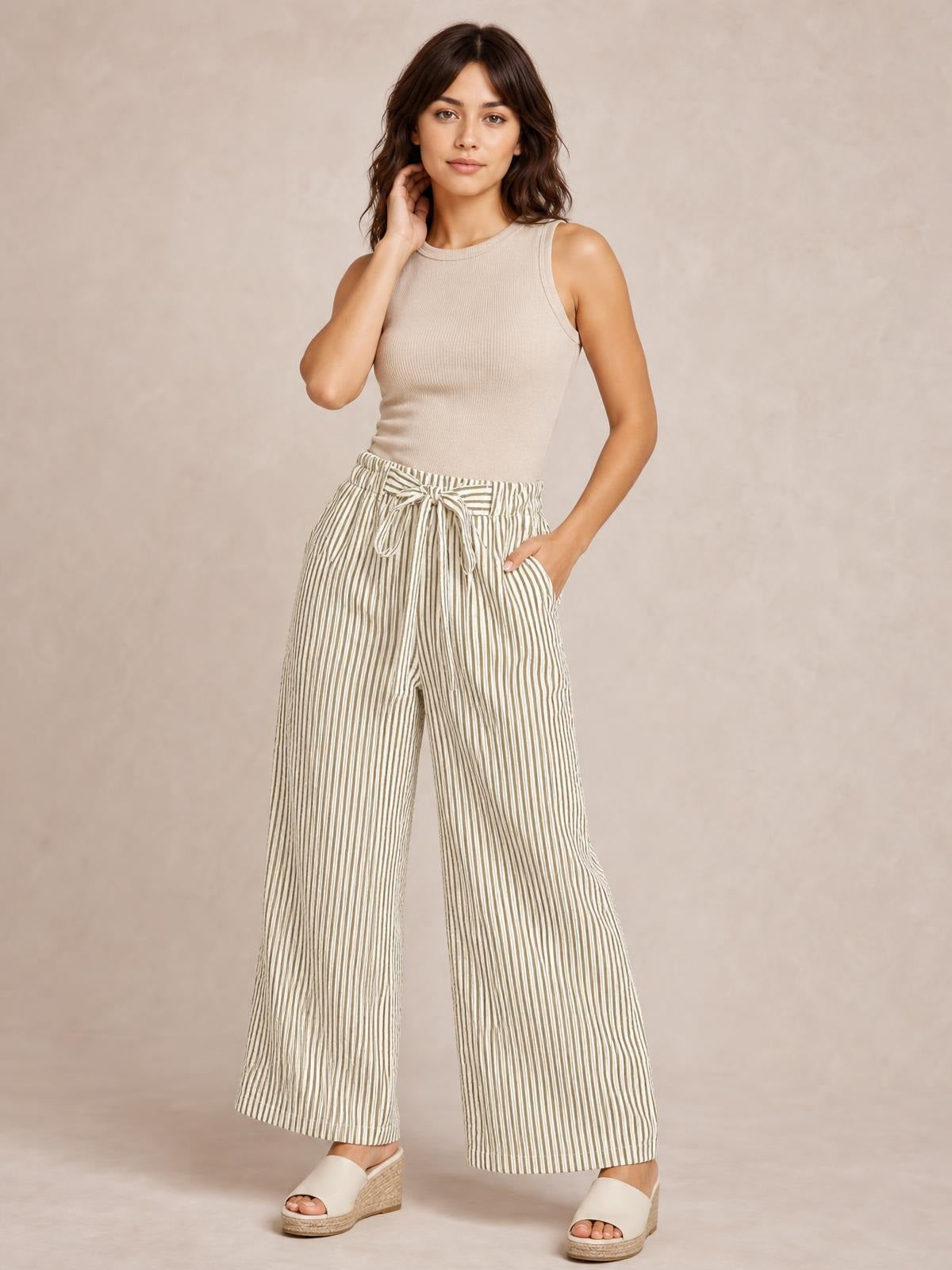 Striped Wide Leg Paper Bag Pants · Medium / Three-Quarter