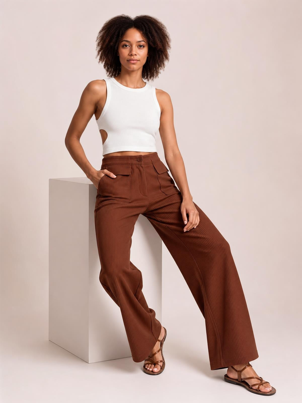 Model poses in brown corduroy wide-leg pants with a high waist, button closure, and multiple front pockets, creating a relaxed flowing silhouette.