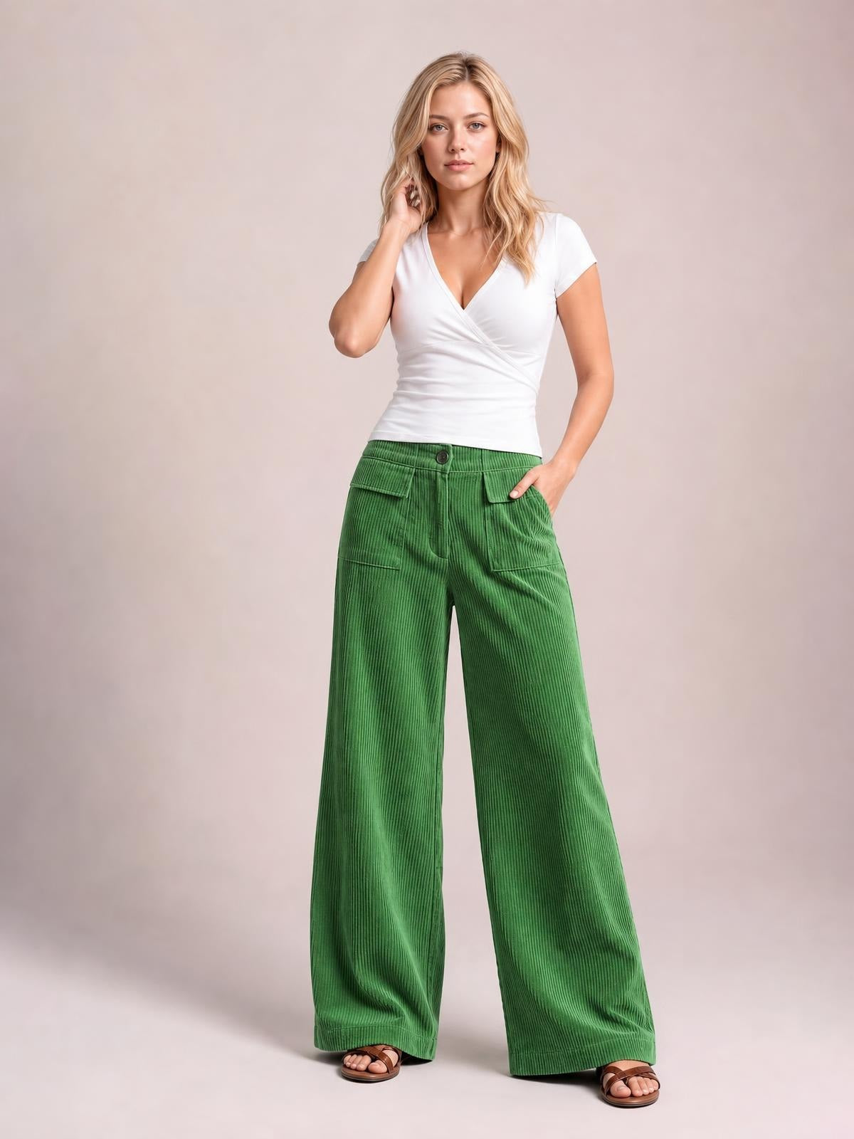 Model wearing green wide-leg corduroy pants with a buttoned waist, multiple pockets, and a flowing full-length silhouette, posing with one hand in a pocket.