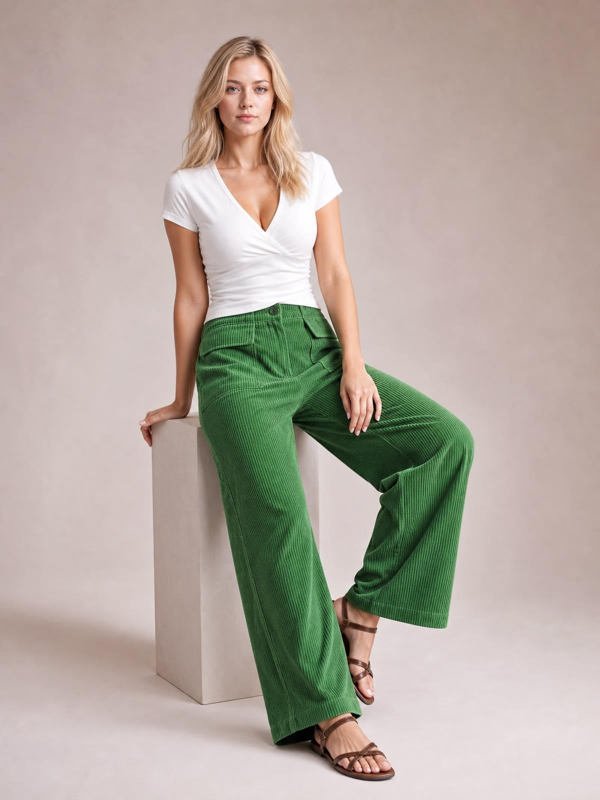 A seated model wears green wide-leg corduroy pants with a buttoned waistband, visible front pockets, and a relaxed, flowing silhouette.