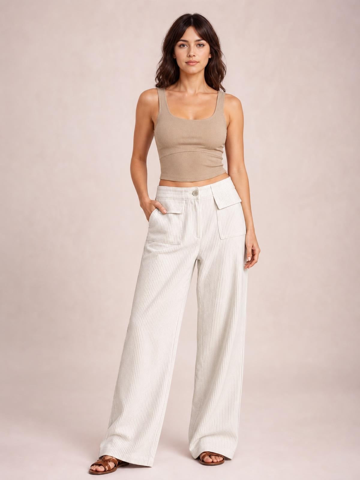 A model stands in cream wide-leg corduroy pants with a high waist, button closure, and large patch pockets, one hand tucked into a pocket.