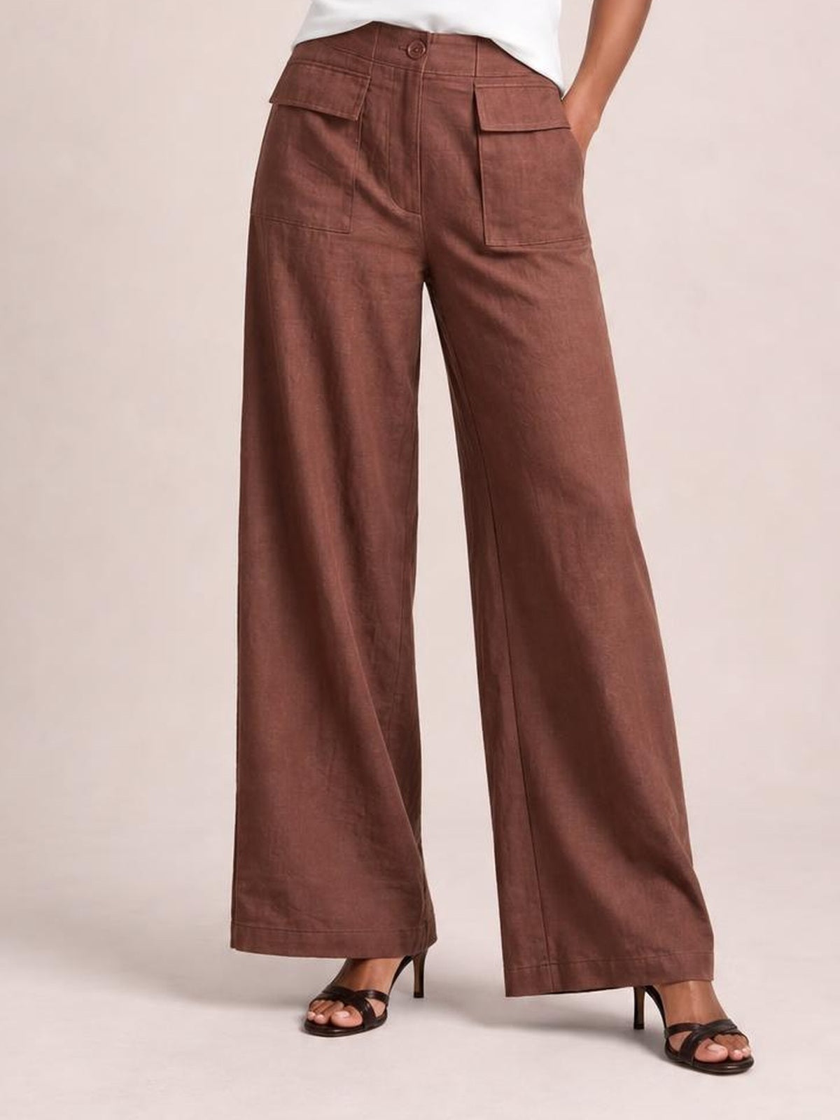 Model wears brown wide leg pants with a high waist, button closure, stitched seams, large patch pockets, and a relaxed silhouette while standing in heels.