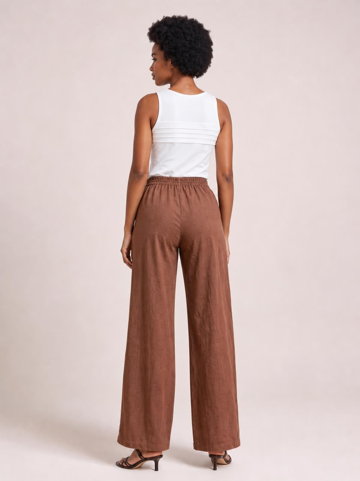 Model shown from the back wearing brown wide leg pants with an elastic waistband, relaxed full-length silhouette, and side pockets.