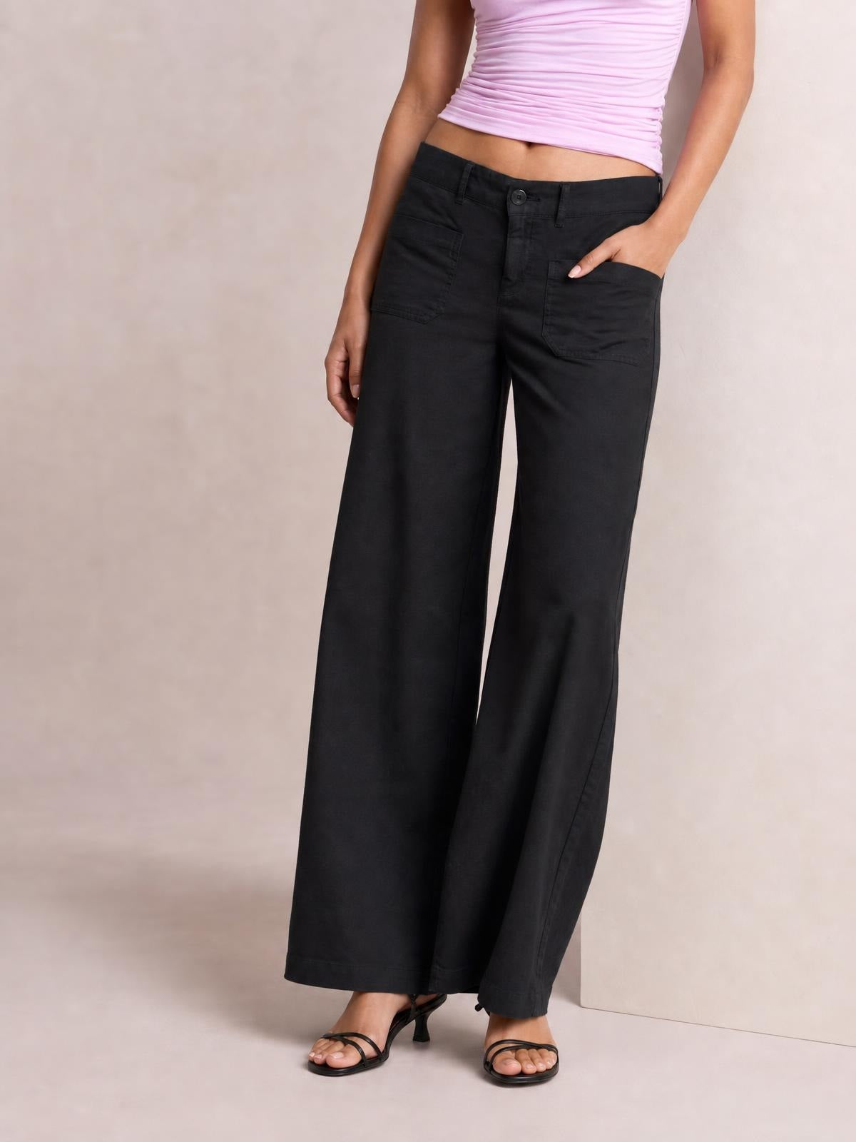 Model wearing black wide leg pants with front pockets, a button closure, belt loops, and a relaxed full-length silhouette.