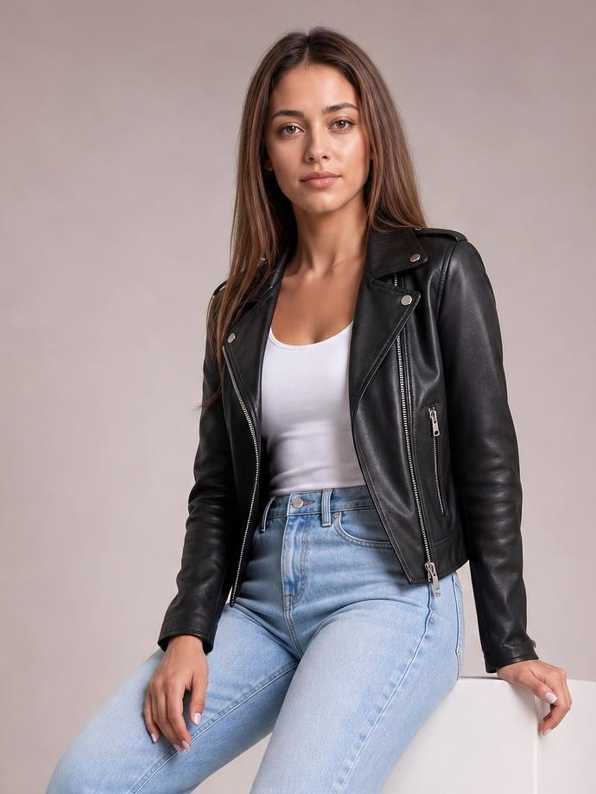 A seated model wears a black leather motorcycle biker jacket with an asymmetrical zip front, notched lapels, long sleeves, and zippered pockets.