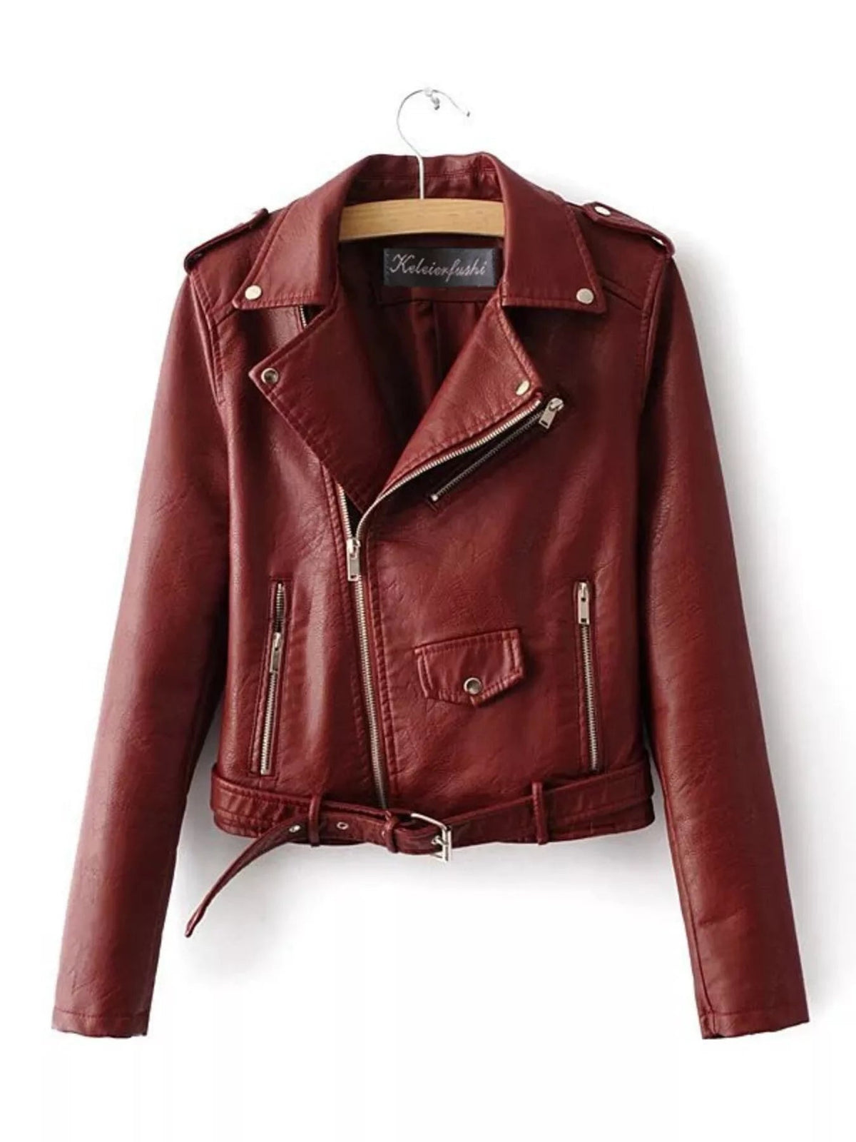 Burgundy leather-look motorcycle biker jacket on a hanger with an asymmetrical front zipper, notched lapels, zippered pockets, and a belted hem.
