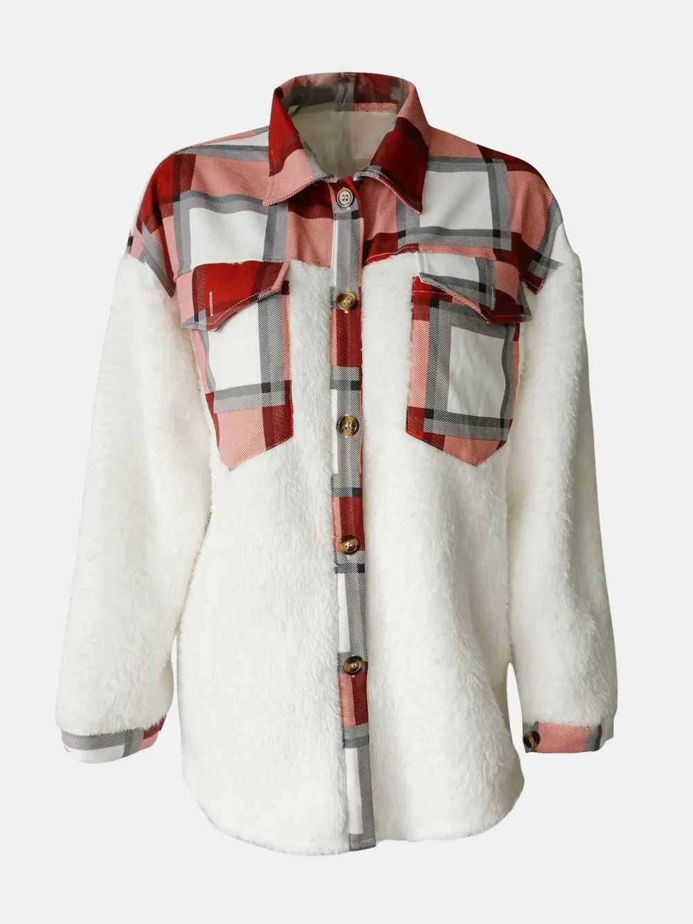 White fuzzy button-up long-sleeve jacket with a red, pink, gray, and black plaid collar, chest pockets, front placket, and curved hem.