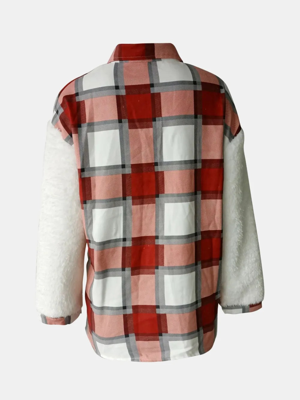 Back view of a relaxed fuzzy button-up jacket with long white textured sleeves, a red and pink plaid body, pointed collar, and straight silhouette.