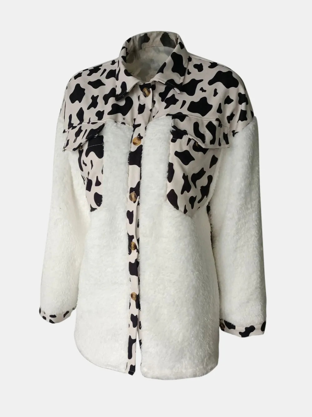 Fuzzy white button-up long sleeve jacket with black cow-print collar, yoke, cuffs, front placket, gold buttons, and chest pockets.
