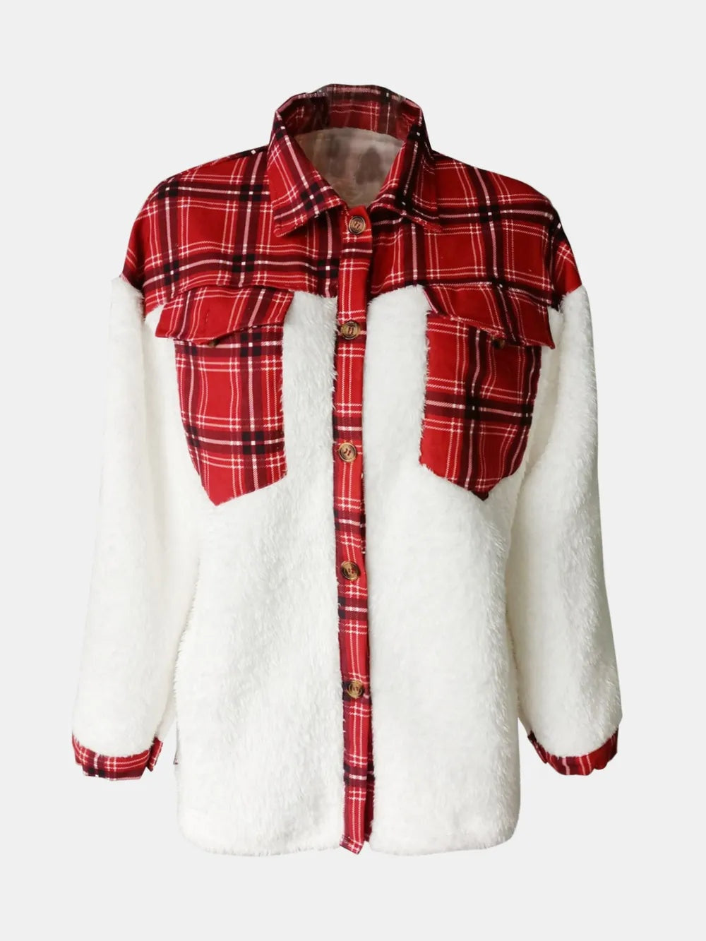 White fuzzy button-up jacket with long sleeves, a red plaid collar, front placket, cuffs, and flap chest pockets in a relaxed silhouette.
