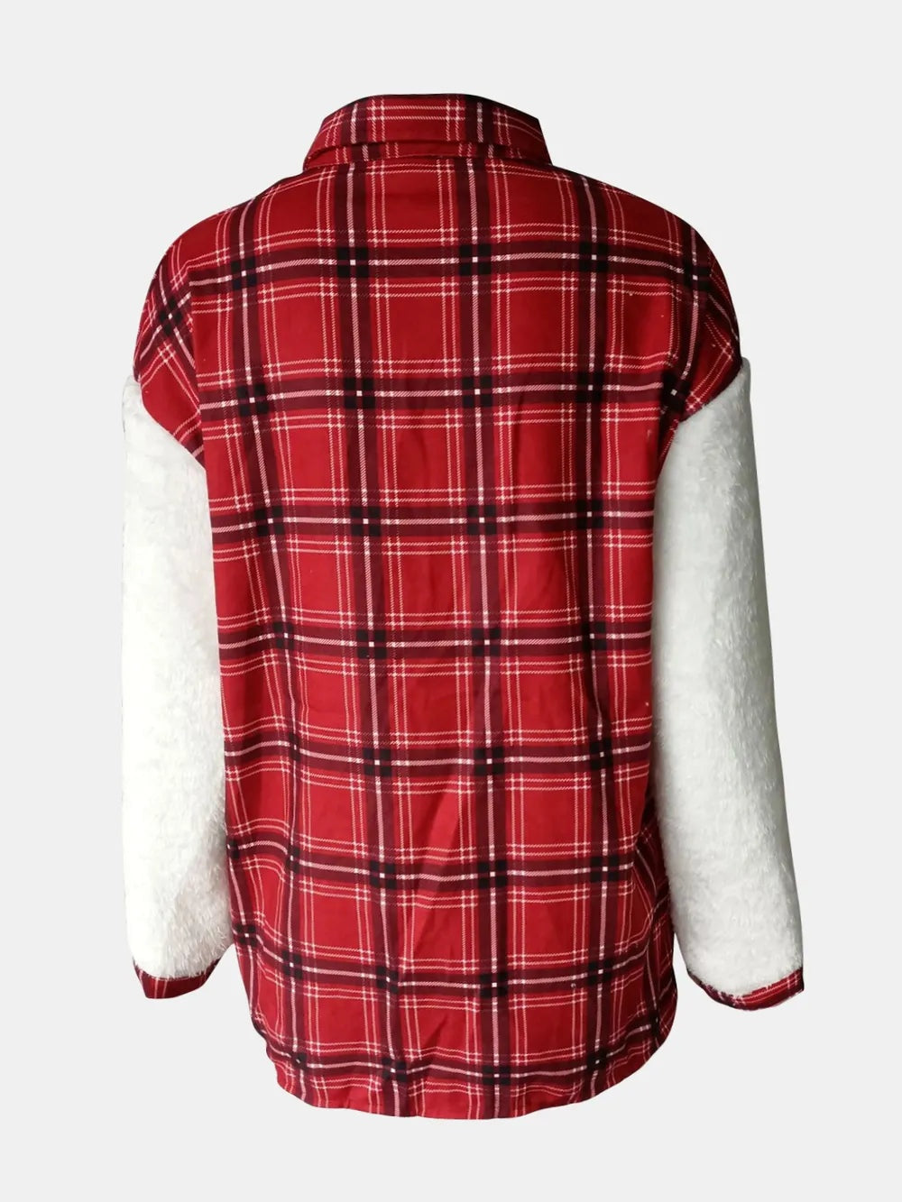 Back view of a red plaid fuzzy button-up jacket with a collar, contrasting white long sleeves, and a relaxed straight silhouette.