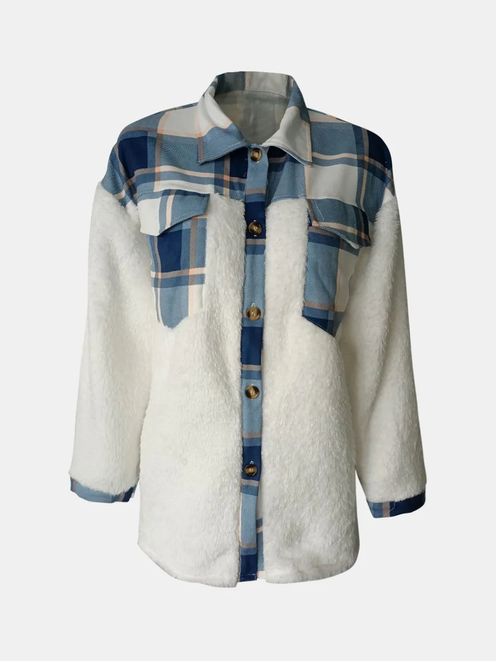 White fuzzy button-up long-sleeve jacket with a blue and beige plaid collar, yoke, cuffs, chest pockets, and a relaxed straight silhouette.