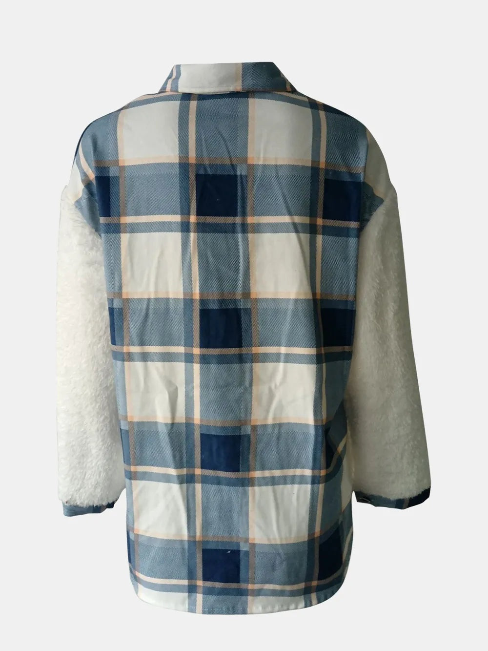 Back view of a thick fuzzy button-up jacket with long white sherpa sleeves, a blue and cream plaid body, pointed collar, and relaxed straight silhouette.