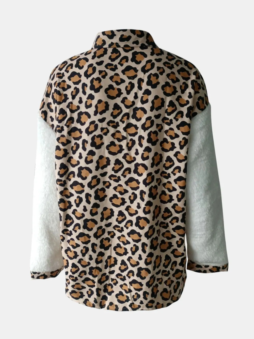 Back view of a long-sleeve jacket with a relaxed silhouette, leopard-print body, soft white fuzzy sleeves, and matching cuff trim.