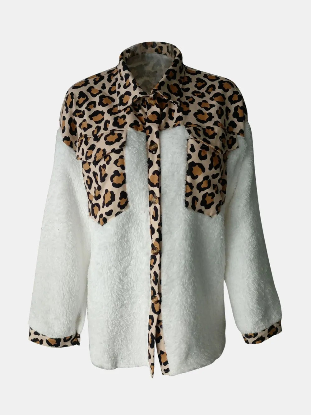 White fuzzy button-up long-sleeve jacket with a relaxed silhouette, leopard-print collar, placket, cuffs, and flap pockets.