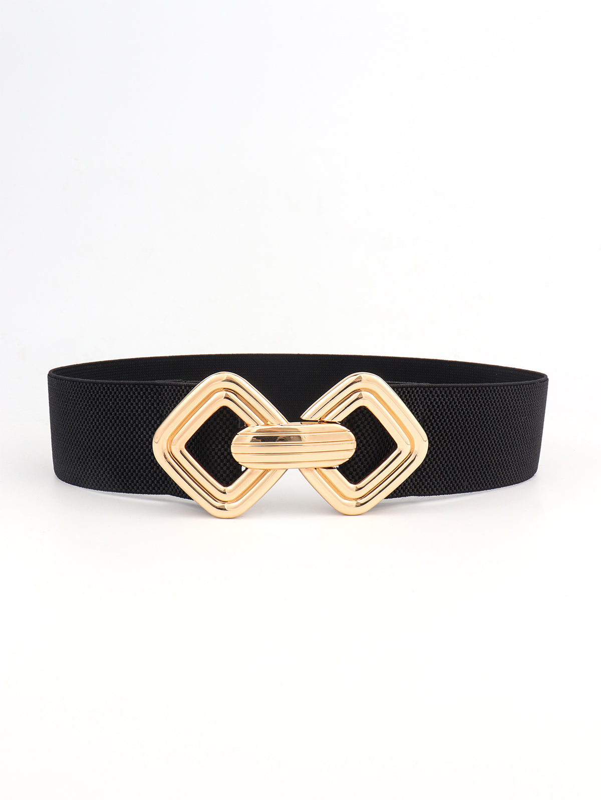 Black elastic wide belt with a structured band and polished gold-tone interlocking geometric buckle.