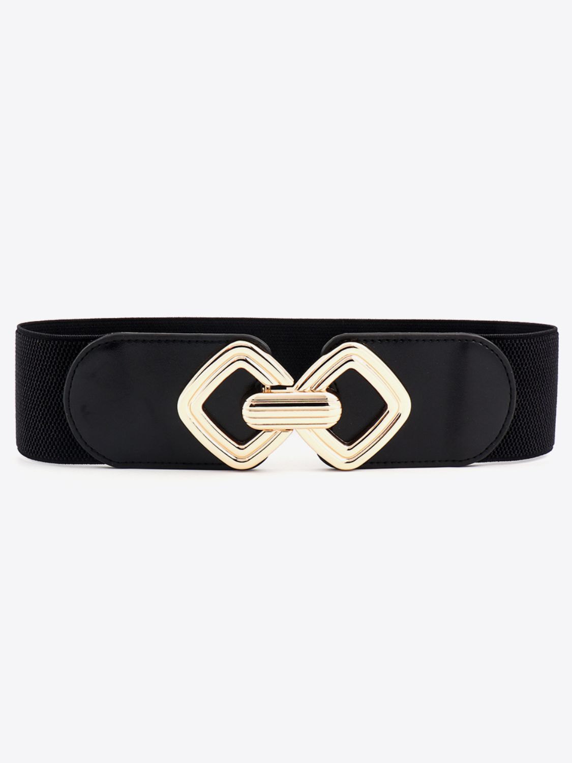 A black elastic wide belt features a broad structured band and a statement gold-tone alloy buckle with an interlocking geometric design.