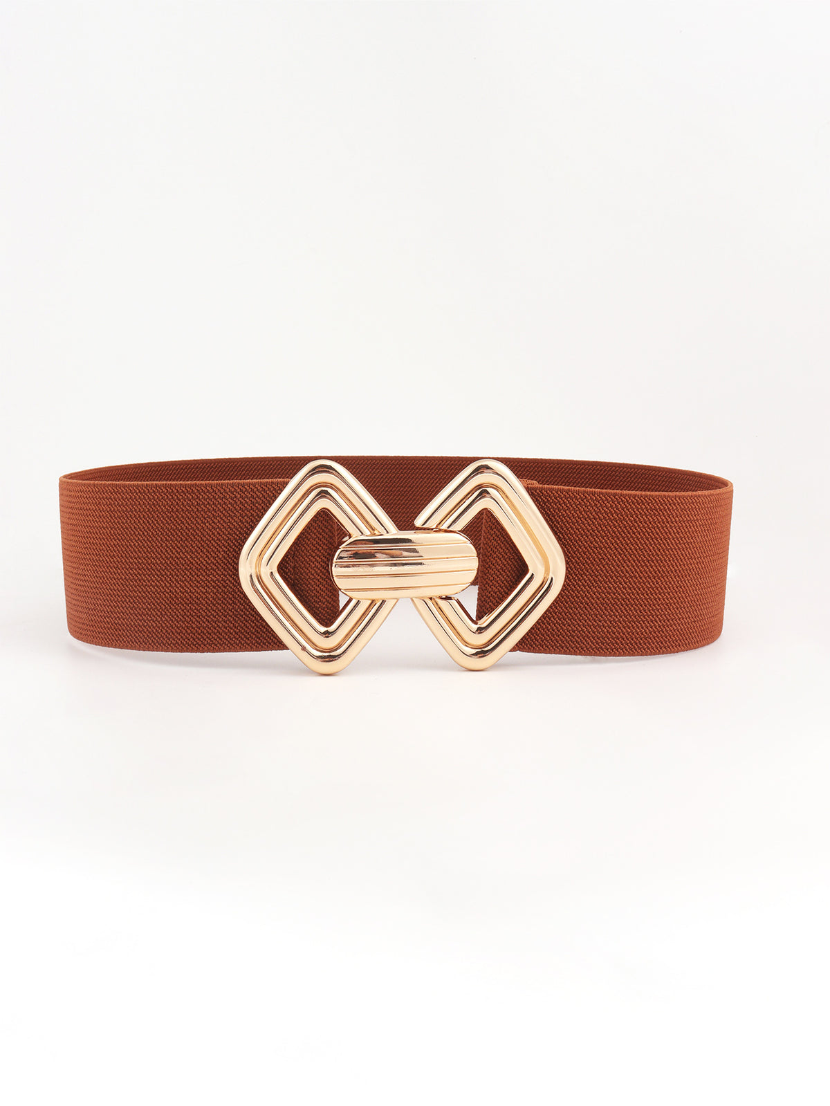 Brown elastic wide belt with a structured band and polished gold-tone interlocking geometric buckle.