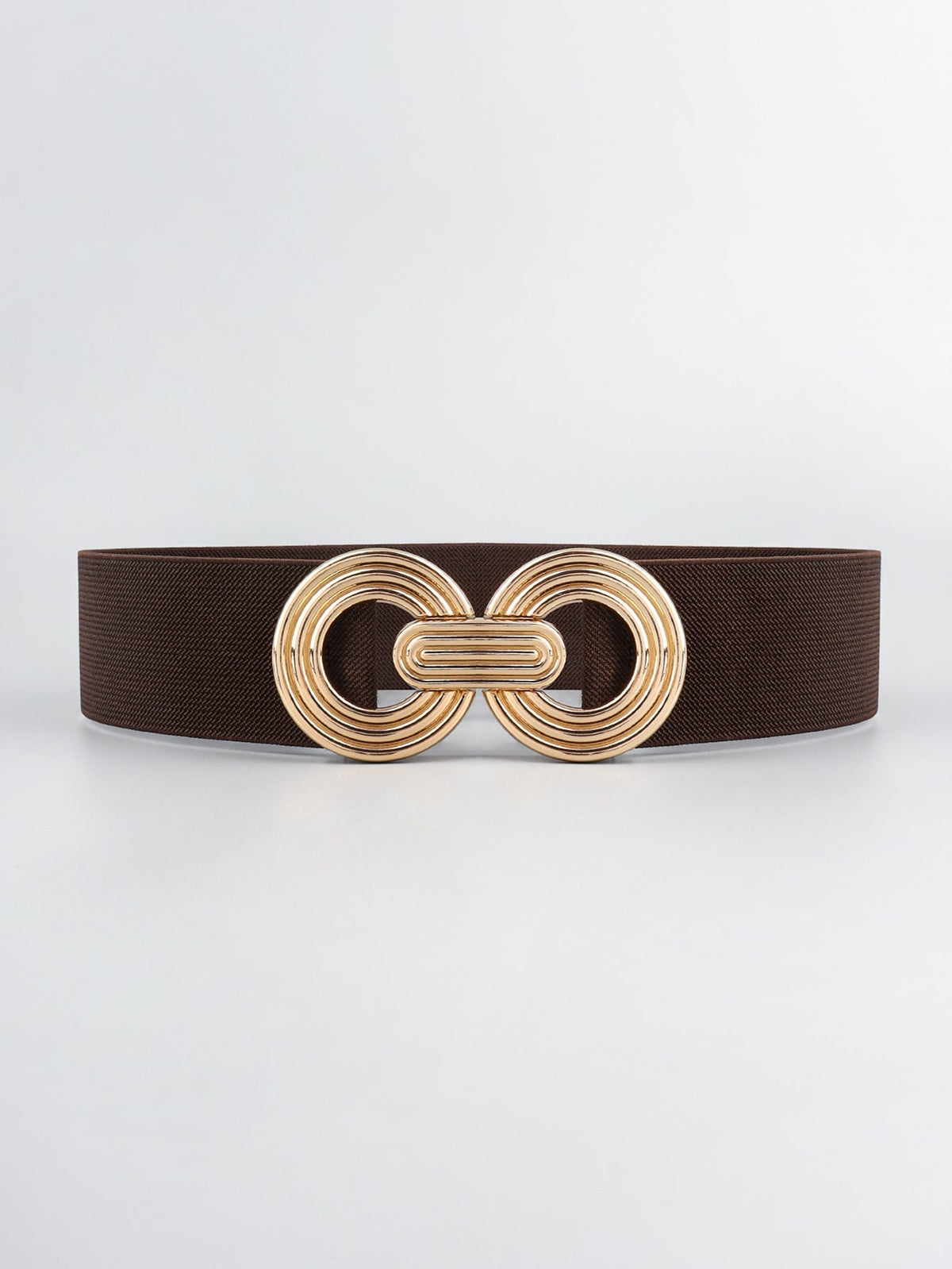 A dark brown elastic wide belt features a sleek 2-inch band and polished gold-tone alloy geometric buckle with interlocking rounded forms.