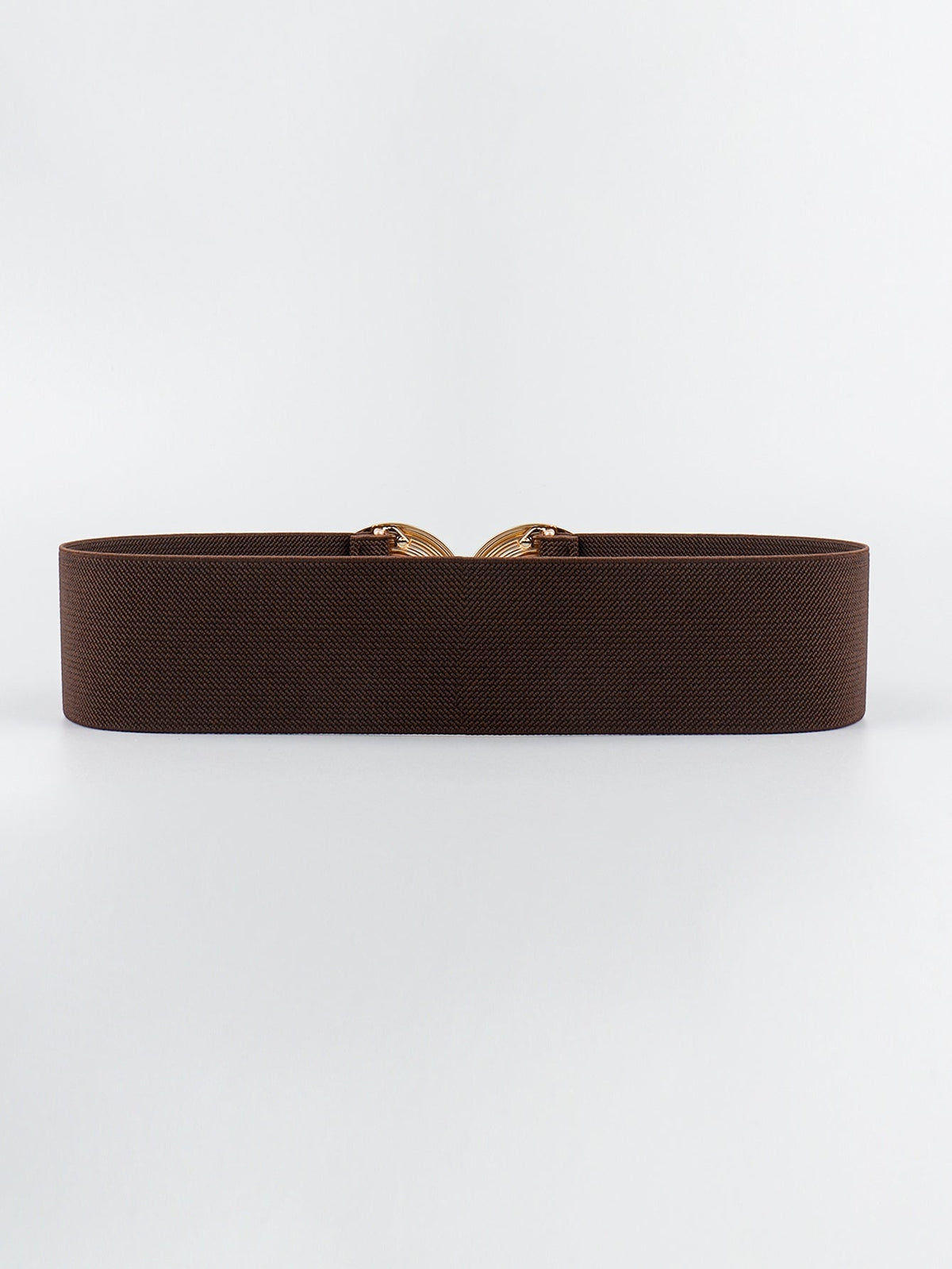 Brown elastic wide belt with a sleek 2-inch profile and dimensional gold-tone geometric buckle featuring interlocking rounded forms.