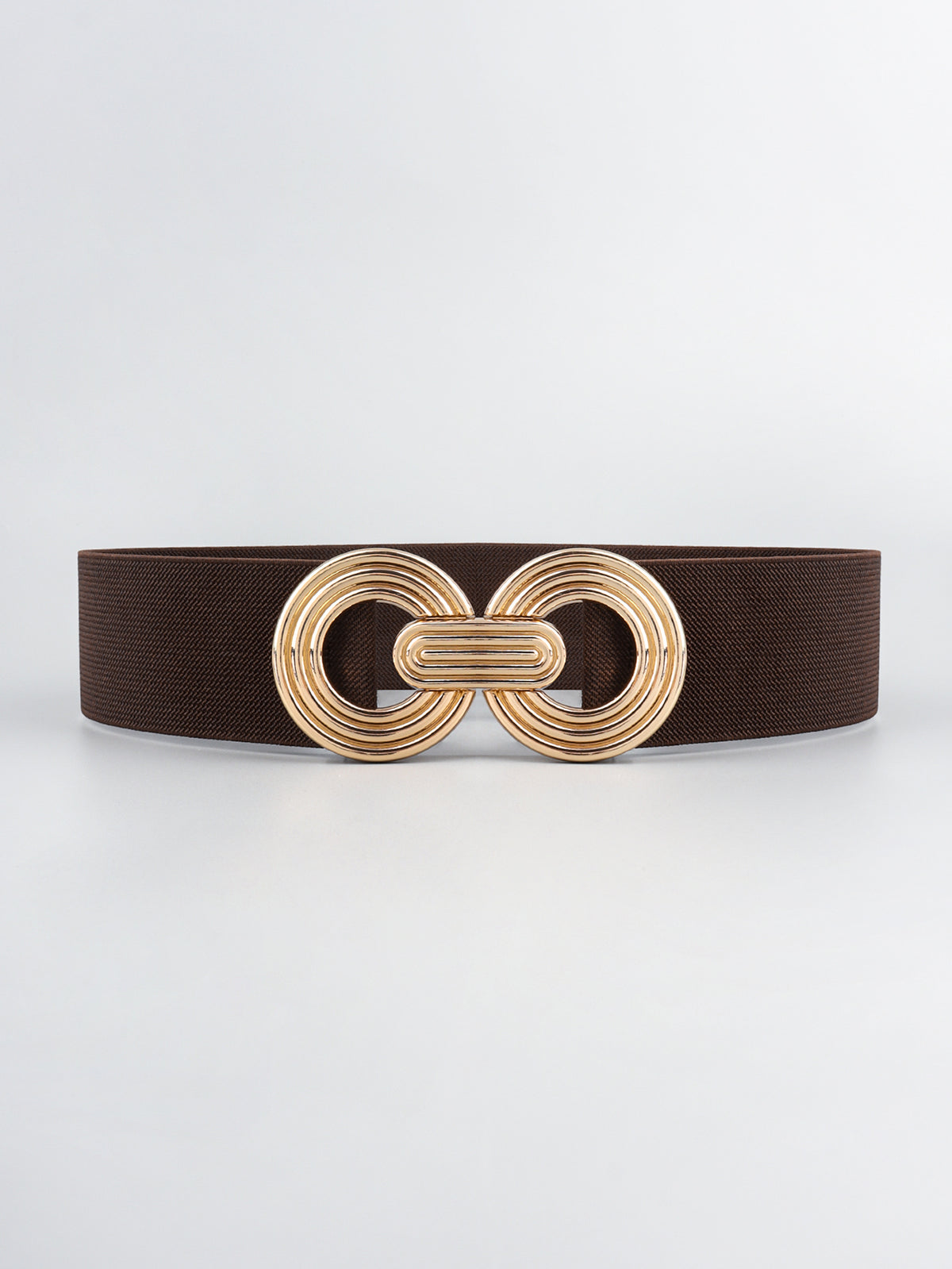 A dark brown elastic wide belt features a sleek 2-inch band and polished gold-tone alloy geometric buckle with interlocking rounded forms.