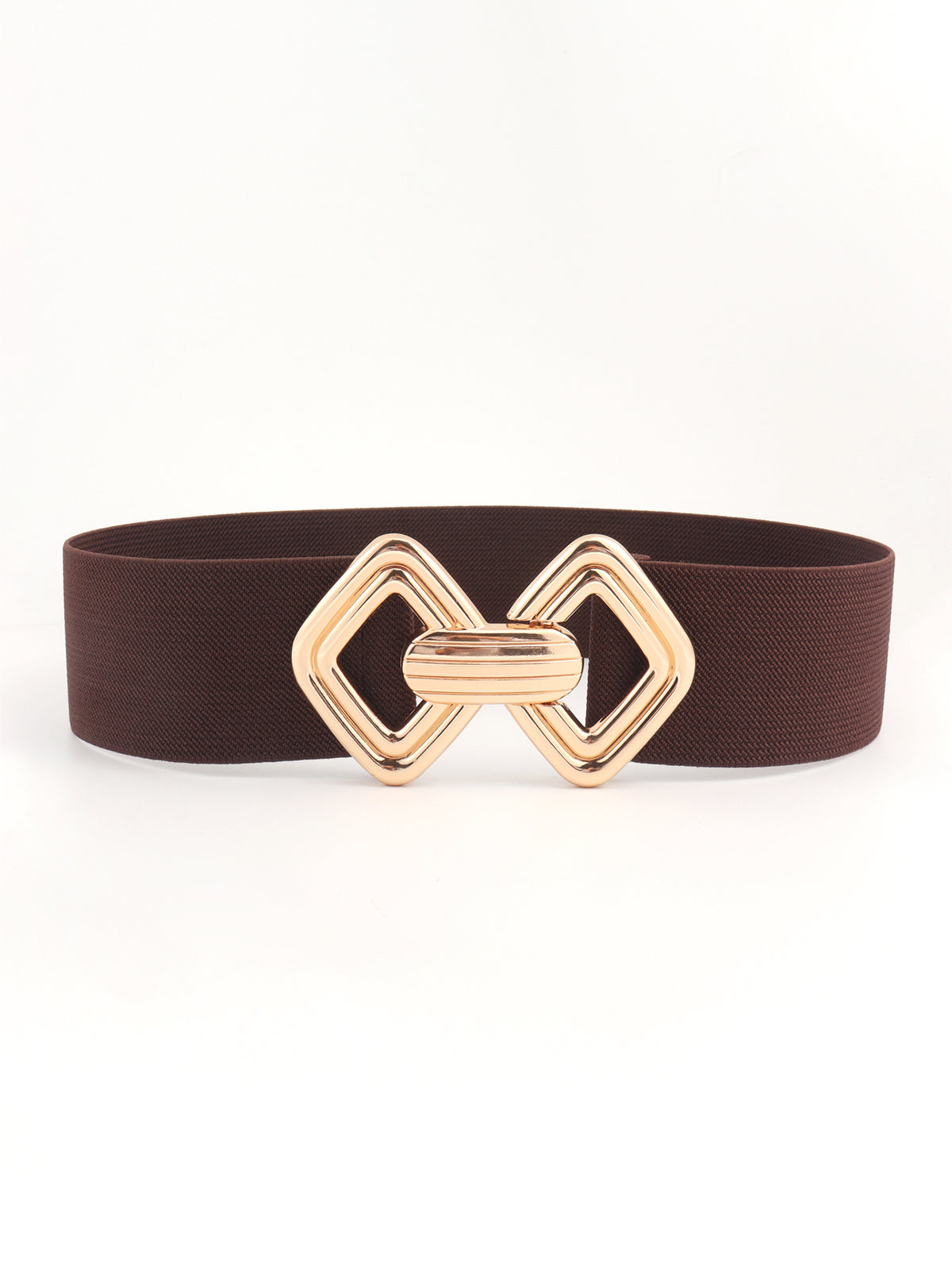 Dark brown elastic wide belt with a structured band and polished gold-tone geometric buckle featuring interlocking diamond shapes.