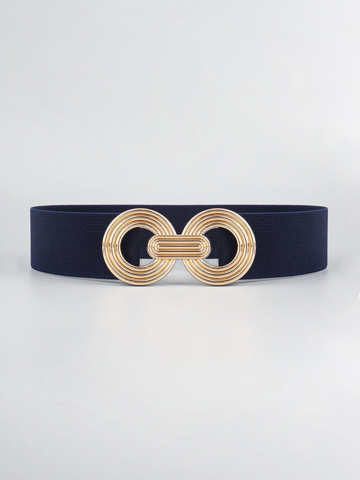 A navy elastic wide belt features a sleek 2-inch band and a dimensional gold alloy geometric buckle with interlocking rounded forms.