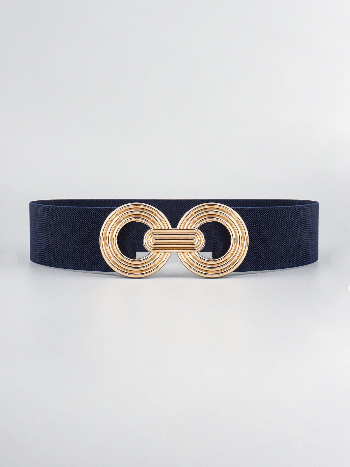 A navy elastic wide belt features a sleek 2-inch band and a dimensional gold alloy geometric buckle with interlocking rounded forms.