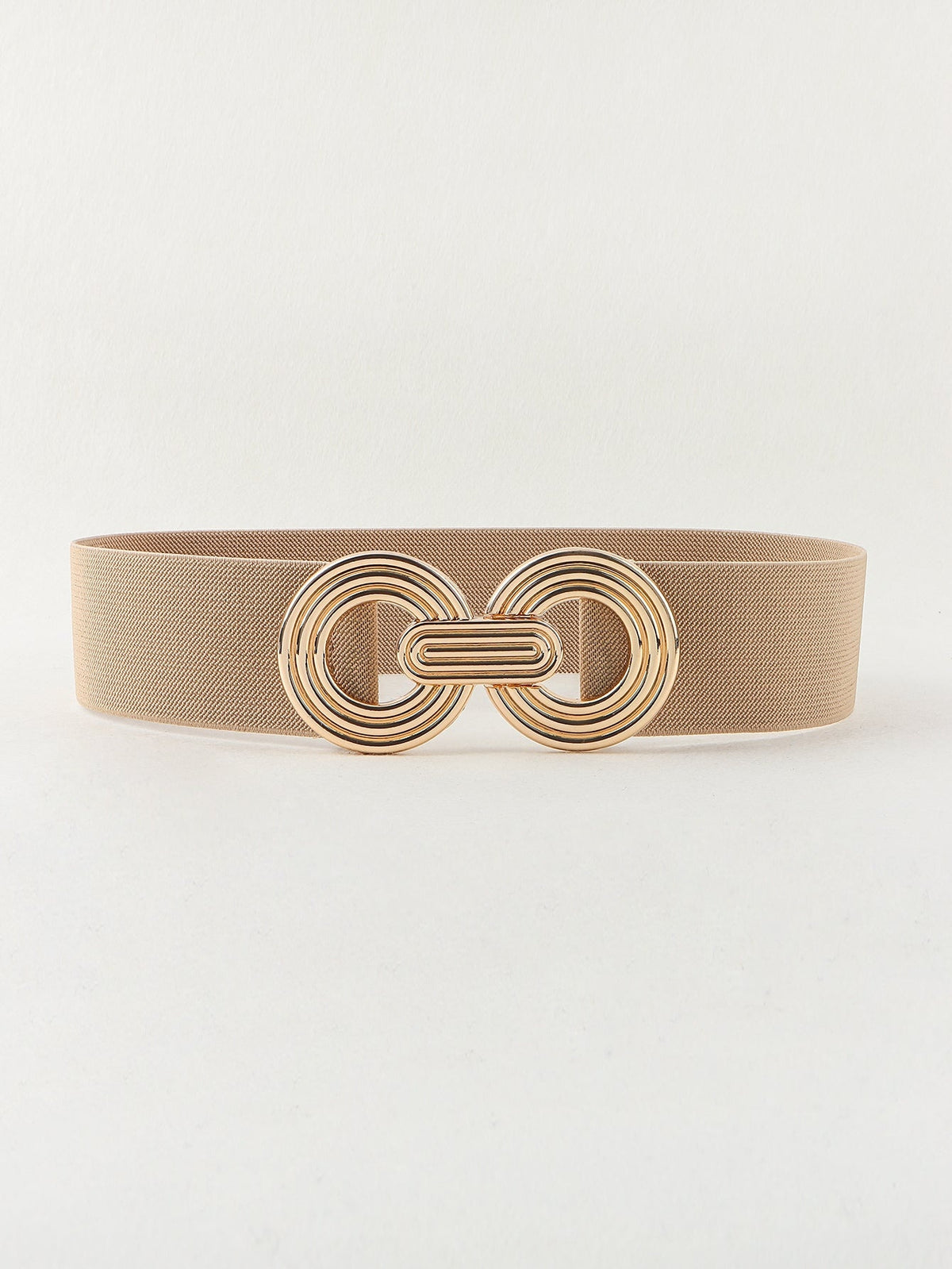 A tan elastic wide belt features a broad woven band and a dimensional gold-tone geometric alloy buckle with interlocking rounded forms.