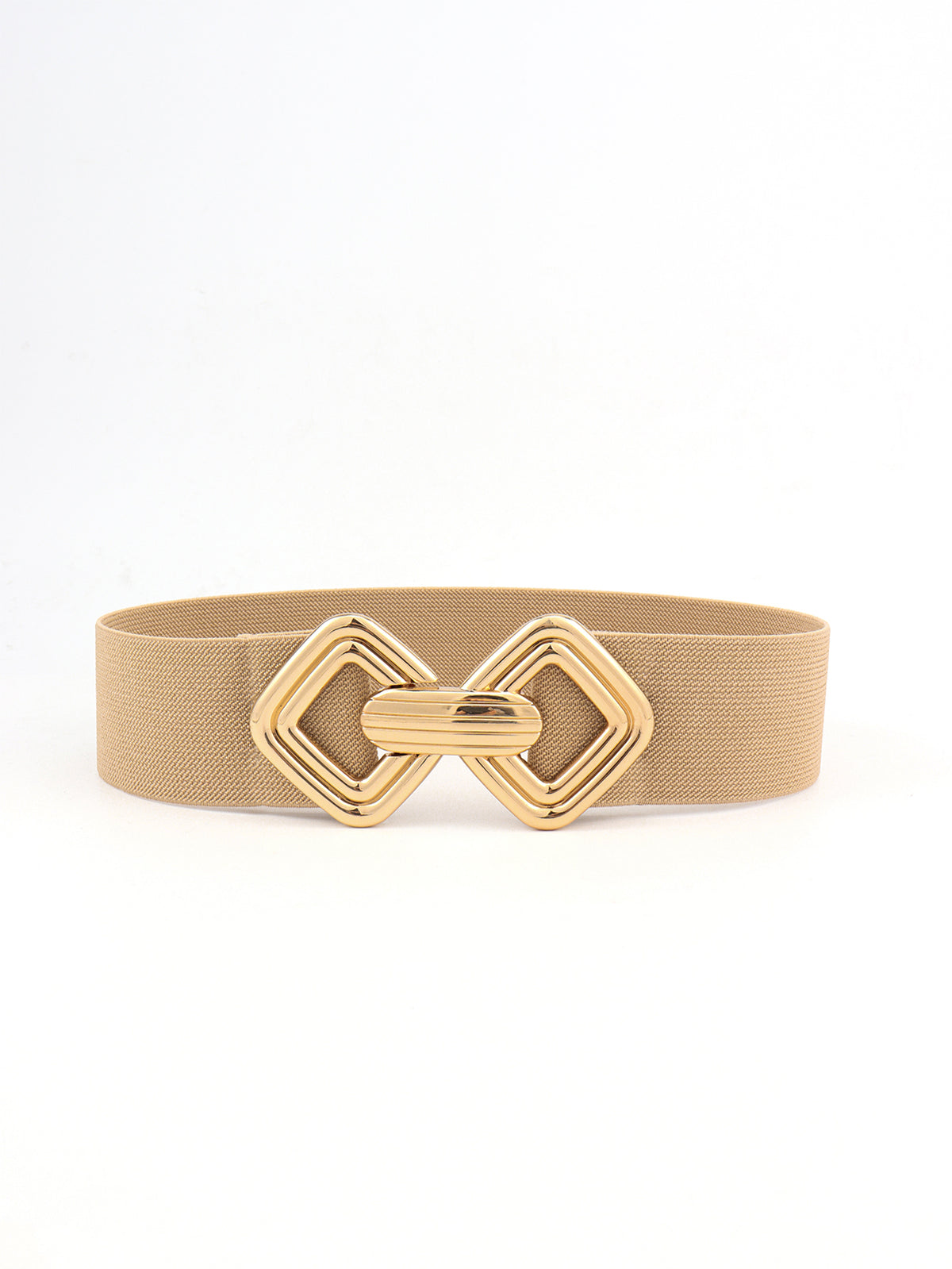 Tan elastic wide belt with a broad structured band and polished gold-tone alloy buckle featuring interlocking geometric loops.
