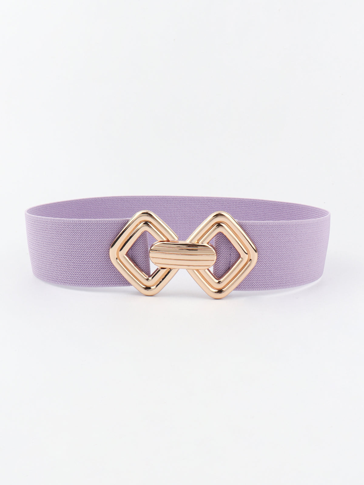 Lavender elastic wide belt with a structured band and polished gold alloy buckle featuring interlocking geometric shapes.