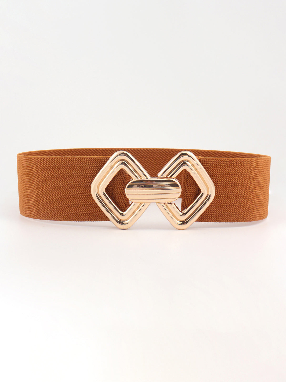 Brown elastic wide belt with a structured silhouette and polished alloy buckle featuring interlocking geometric loops and a central bar detail.