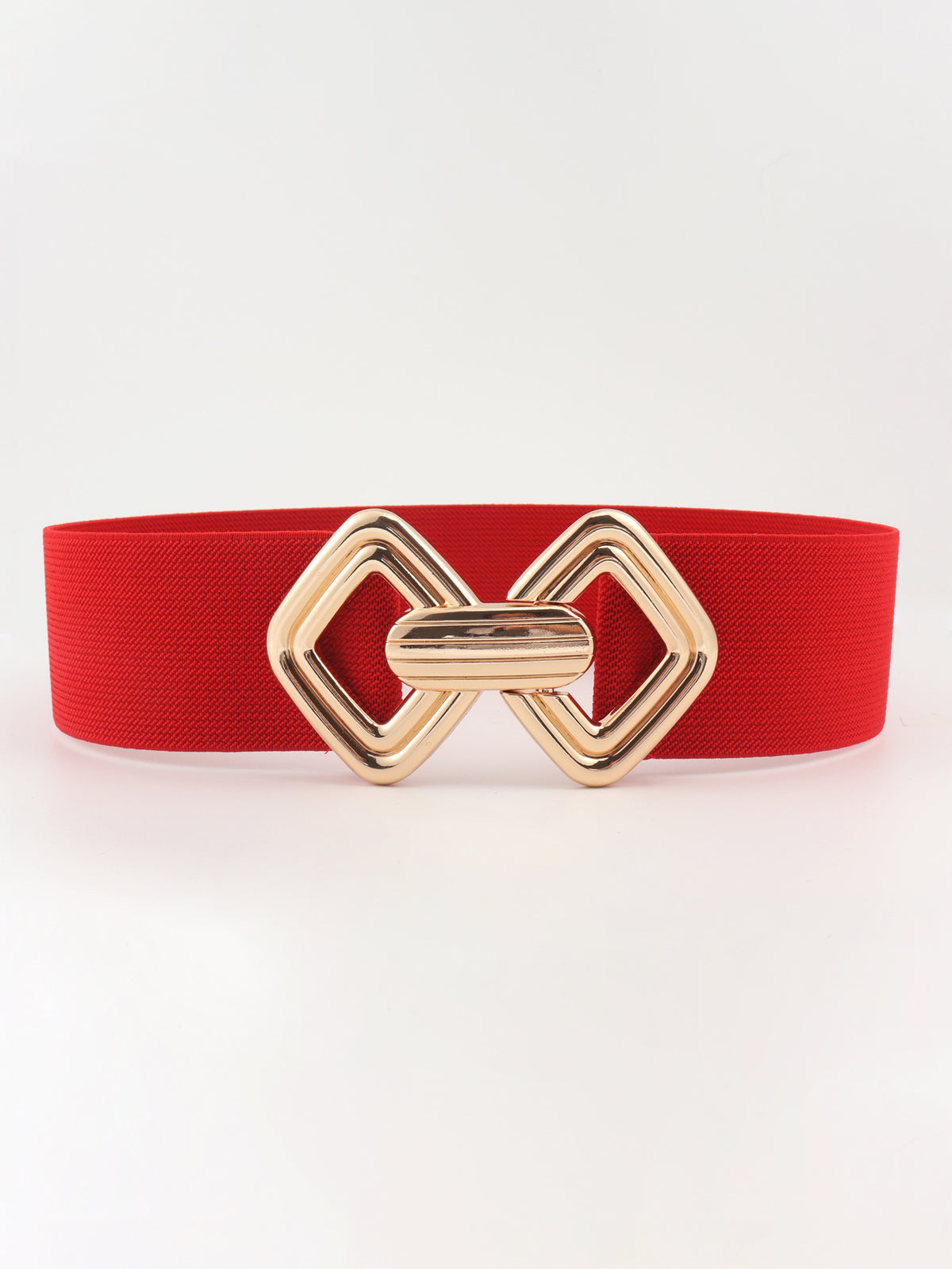 Red elastic wide belt with a broad, structured band and polished gold-tone alloy buckle featuring interlocking geometric shapes.