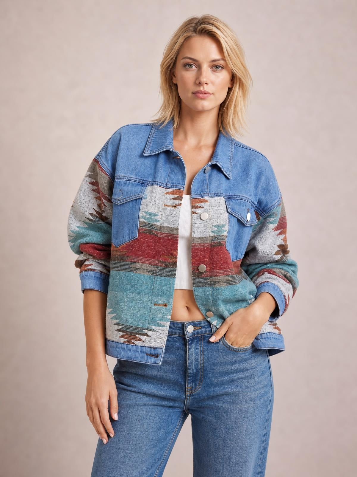 Model poses with one hand in her pocket wearing a blue geometric button-up denim jacket with dropped shoulders, contrast woven panels, patch pockets, and a relaxed silhouette.