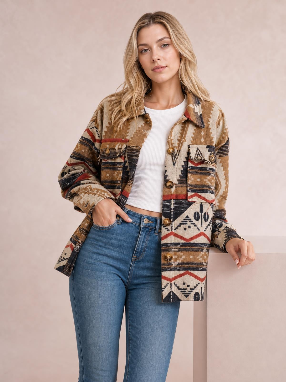 Model wears a geometric patterned button-up long sleeve jacket in tan, cream, black, and red with a relaxed silhouette, collared neckline, and chest pockets.