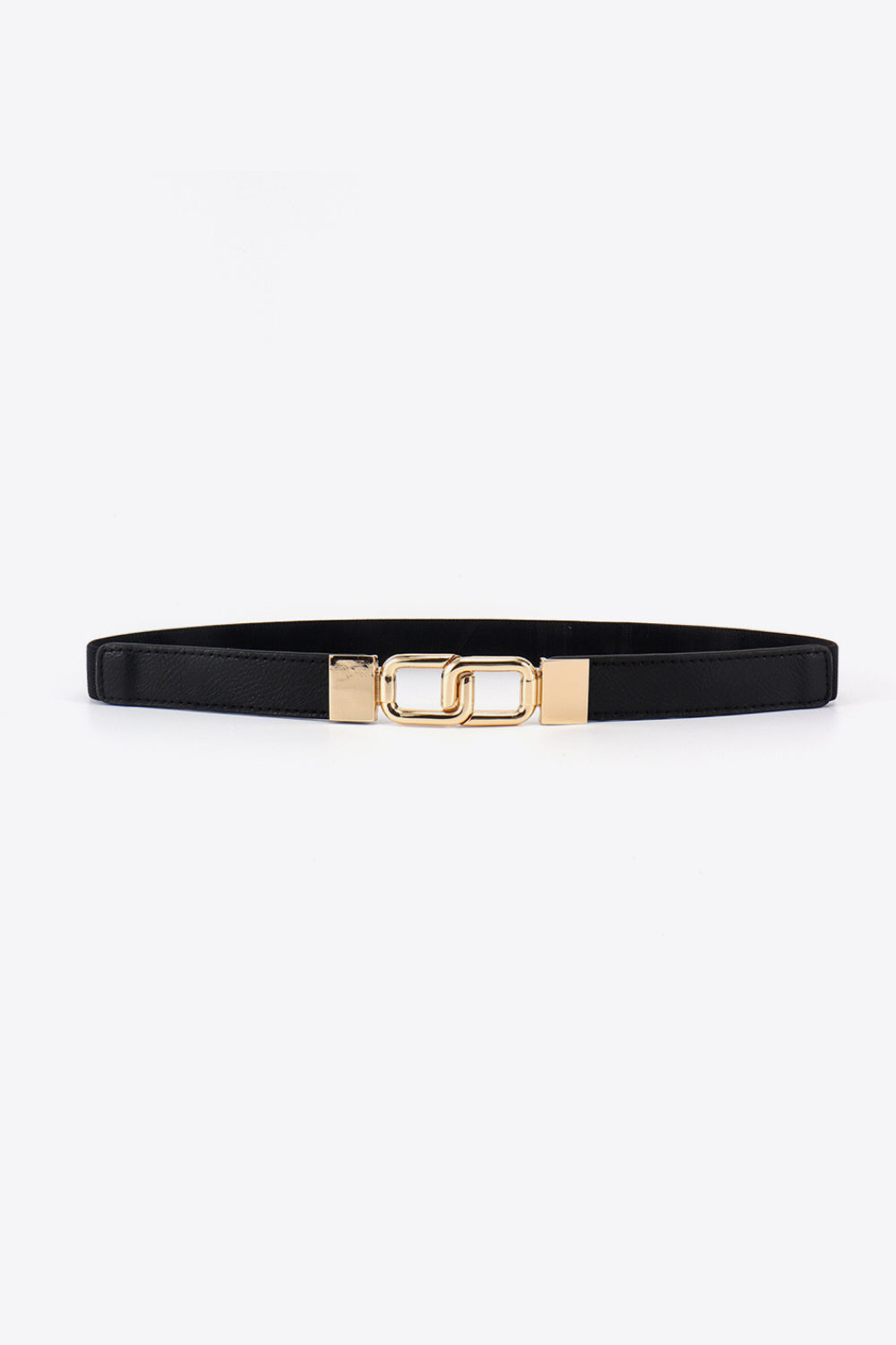 Slim black Geometric Double Buckle Elastic Belt featuring a streamlined silhouette, stitched PU construction, and polished gold-tone architectural buckle accents.