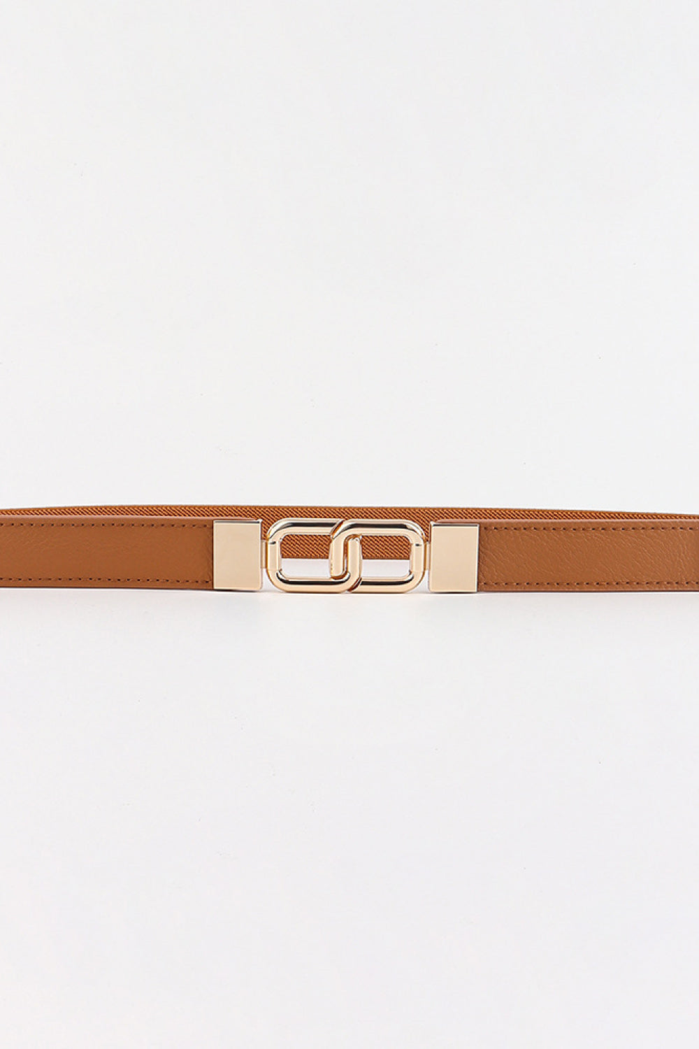 Slim brown Geometric Double Buckle Elastic Belt with stitched PU construction and a polished alloy geometric double-buckle centerpiece.