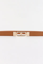 Slim brown Geometric Double Buckle Elastic Belt with stitched PU construction and a polished alloy geometric double-buckle centerpiece.