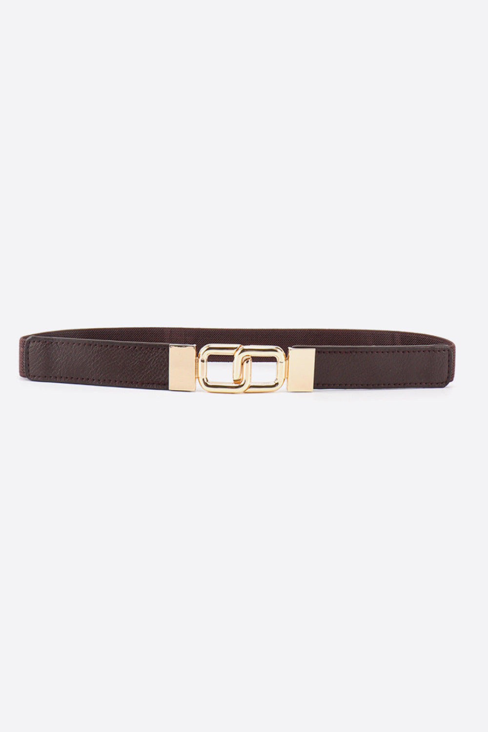 A slim dark brown elastic belt features stitched construction and a polished geometric double buckle with gold-tone alloy hardware.