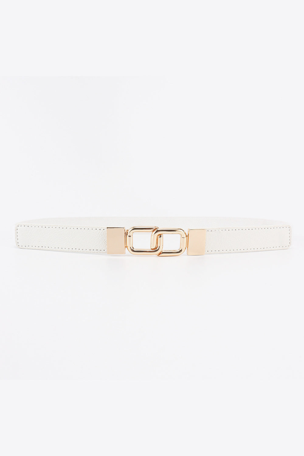 White slim elastic belt with stitched edges and a geometric double buckle in polished gold-tone alloy, creating a sleek, structured accessory.