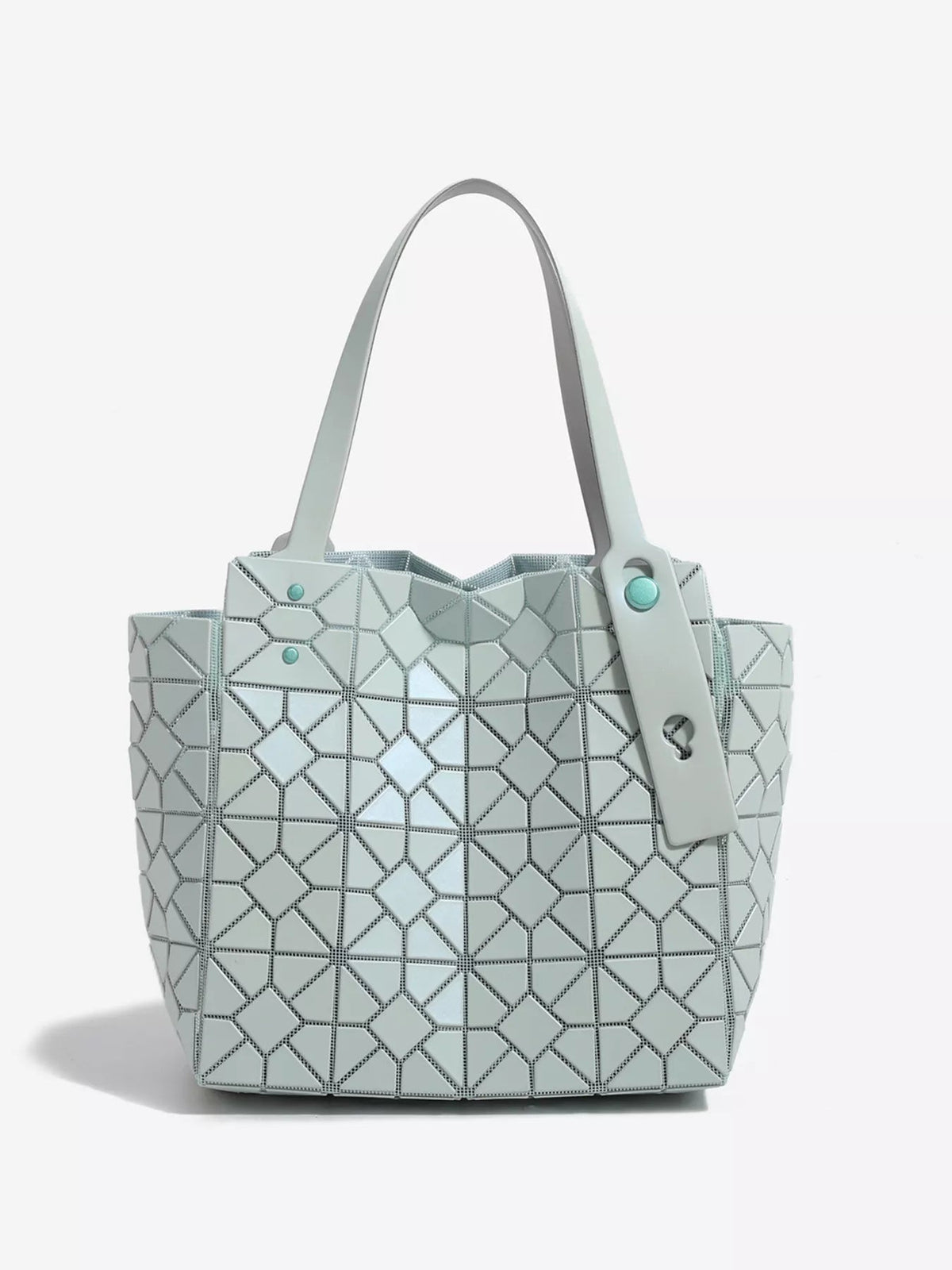 Medium pale mint PVC handbag with a structured silhouette, geometric lattice paneling, and long rounded shoulder handles with decorative hardware.