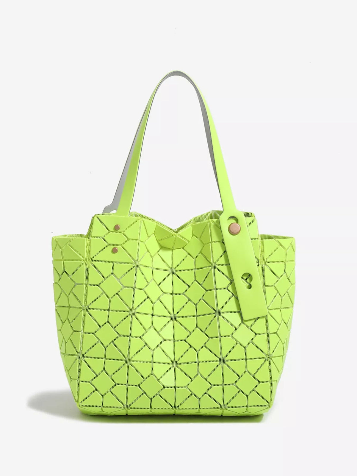 A medium neon green PVC handbag features a structured silhouette, geometric lattice pattern, spacious top, and long rounded handles with gold-tone rivets.