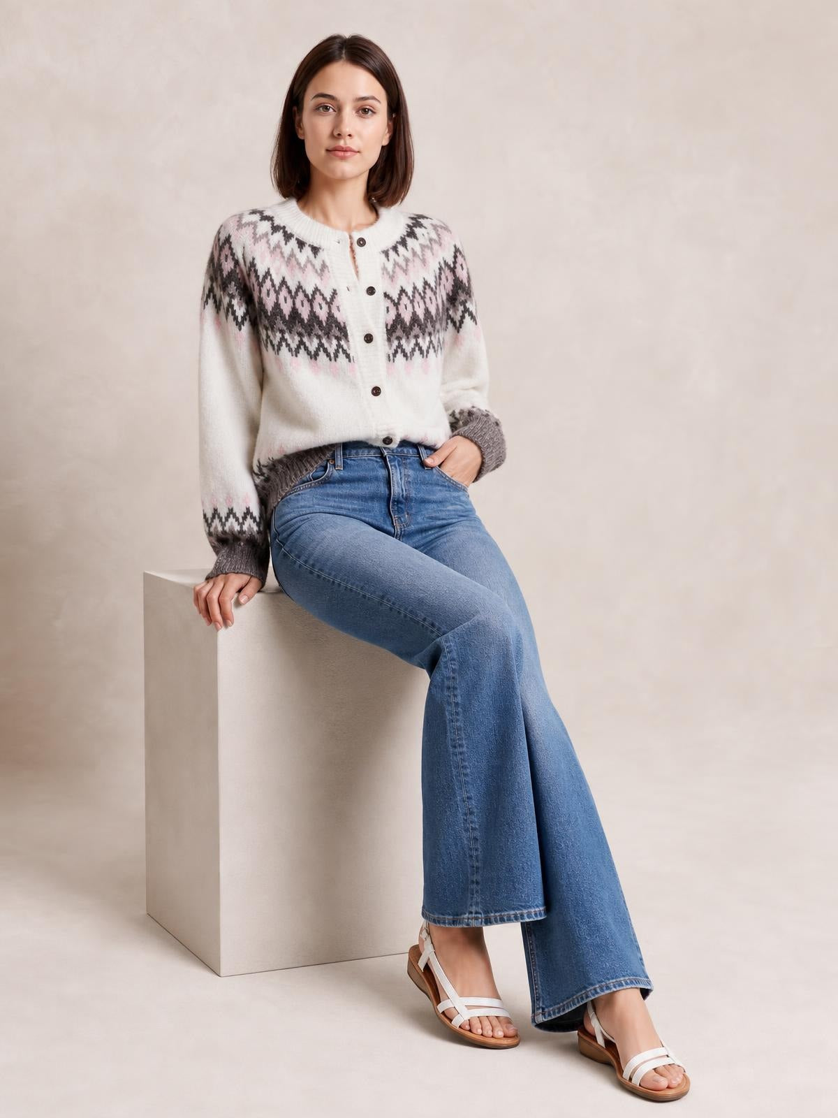 Model seated in a white brushed knit cardigan with a geometric pattern, button front, ribbed trim, and relaxed silhouette.