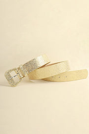Gold glitter PU leather belt with a slim 1.5-inch profile, textured finish, adjustable holes, and a structured 2-inch rectangular buckle.