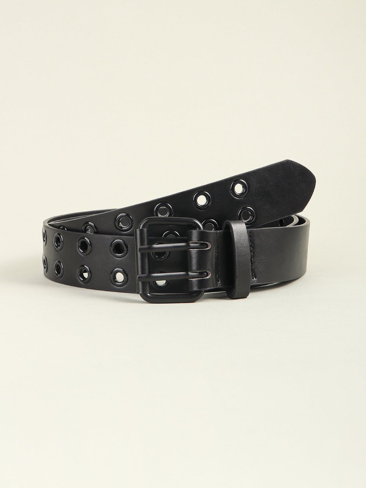 Black PU leather belt with rows of metal grommets, a structured silhouette, and a coordinating alloy buckle and belt loop.