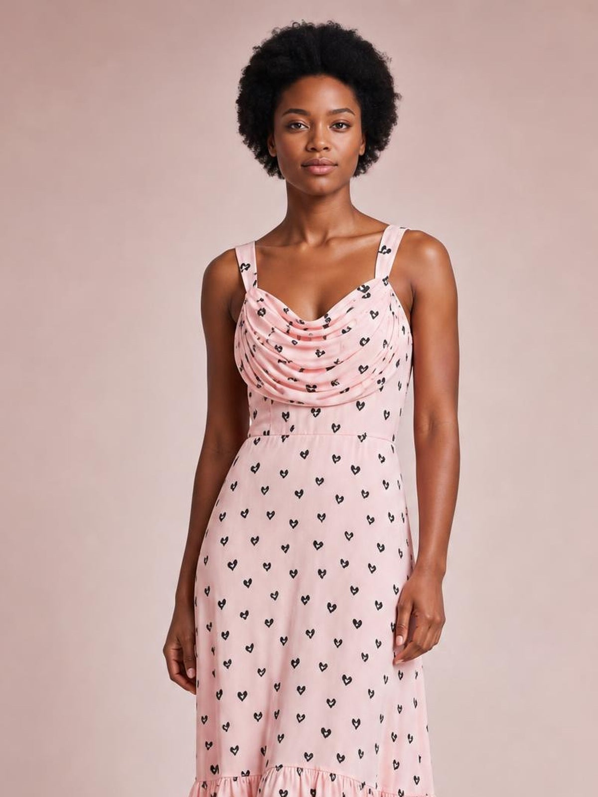 Model stands facing forward in a pink heart-print midi dress with a draped cowl neck, ruched bodice, thin straps, defined waist, and ruffled hem.